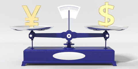 Yen symbol weighs the same as Dollar sign on balance scales. Financial market conceptual 3d rendering