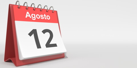 August 12 date written in Spanish on the flip calendar, 3d rendering