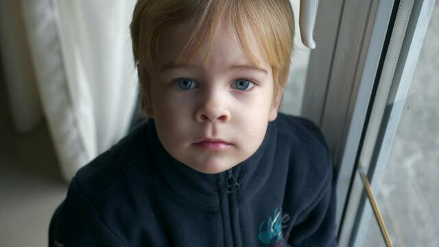 Serious Boy Says - Give me please. Son Asking Parent. Cute Child Face Look up at Camera. Solicit Cadge. 2x Slow motion 60 FPS 4K