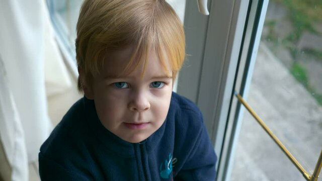 Serious Boy Says - Give me please. Son Asking Parent. Cute Child Face Look up at Camera. Solicit Cadge. 2x Slow motion 60 FPS 4K