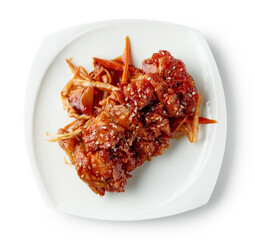 plate of fried meat in teriyaki sauce