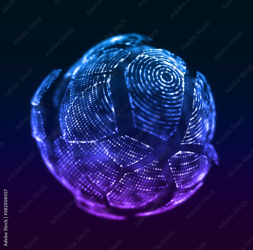Fototapete 3D rendering of an abstract globe, sphere in space in the form of plexus. Global network concept. Technology digital splash or explosion of data points. Array with dynamic particles. Tech background