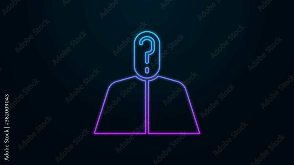 Poster glowing neon line anonymous man with question mark icon isolated on black background. unknown user, 