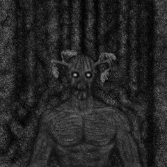 Forest monster that looks like a muscle zombie in the night thicket, digital painting, concept for suspense and horror.