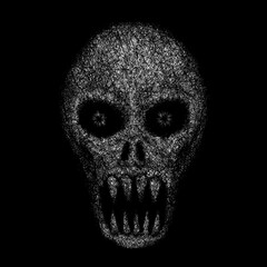 Head of a living dead, zombie or vampire on a black background, monochrome digital painting, concept for suspense and horror.