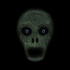 Green patterned alien or zombie head with blue eyes on a black background, digital painting, concept for suspense and horror.