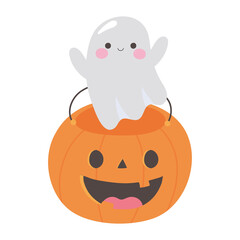 happy halloween pumpkin shaped bucket and cute ghost cartoon
