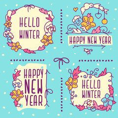 Vintage New Year wreaths and frames set with copy space. Romantic concept. Isolated hand-drawn illustration with blank space. Template for banner, social media post, greeting card, invitation.