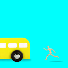 Trendy photo wooden man is chasing bus colorful concept