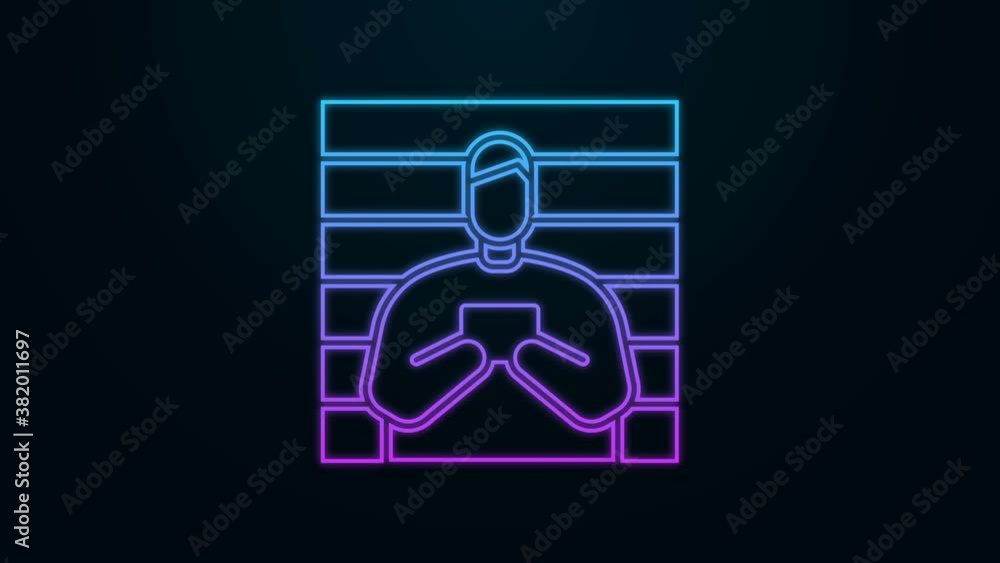 Poster Glowing neon line Suspect criminal icon isolated on black background. The criminal in prison, suspected near the board. 4K Video motion graphic animation