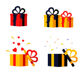 Surprising gift set, prize give away, emotional present, fun experience, unusual gift idea concept, opened yellow box with red ribbon, flat design icon vector illustration