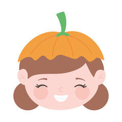 happy halloween, cute girl with hat pumpkin face costume isolated design icon
