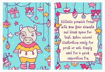 New year frame with copy space and cute silver bull. Hand drawing double-sided Christmas greeting card. Vector cartoon illustration ready for print or web.
