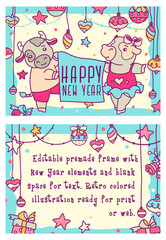 Horizontal double-sided New year frame with a cute silver bull, cow, and copy space. Greeting card. Vector cartoon illustration ready for print or web.