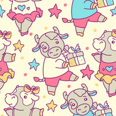 New Year Seamless pattern with a cute silver bull. Printable background or endless decoration for web wallpaper.