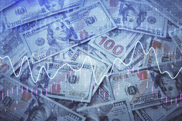 Double exposure of forex graph drawing over us dollars bill background. Concept of financial markets.