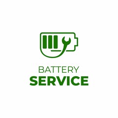 Battery service logo template. Battery and wrench sign. Battery cell replacement.