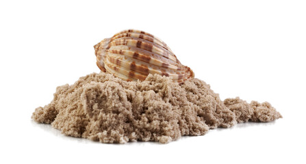 Seashells and sand isolated on white background.