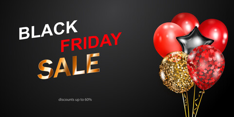 Black Friday sale banner with red, golden and silver balloons on dark background. Vector illustration for posters, flyers or cards.