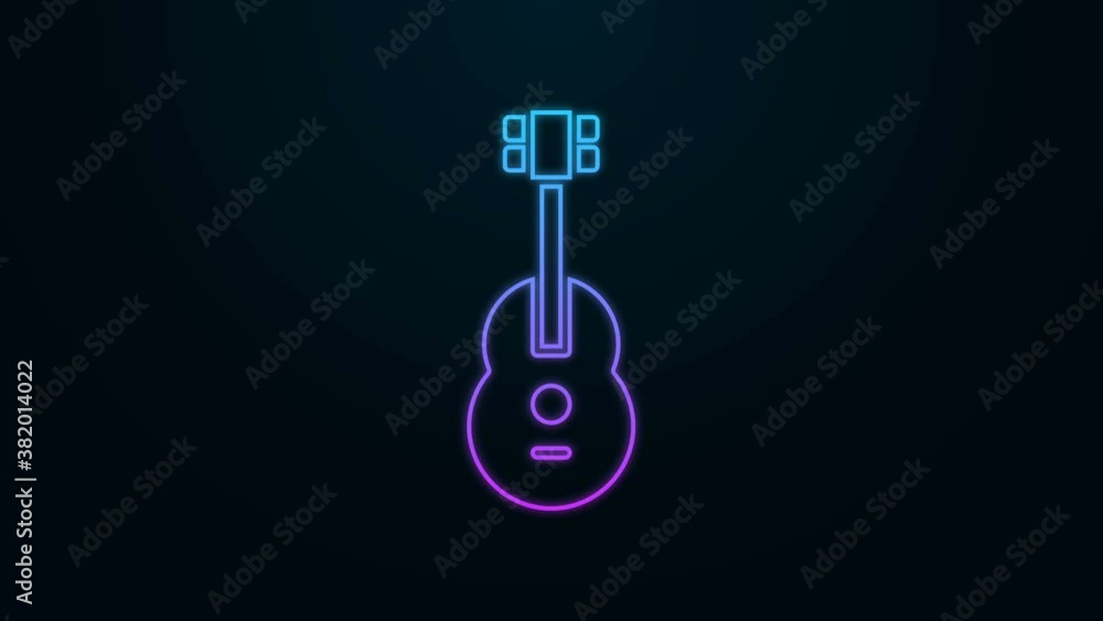 Sticker Glowing neon line Guitar icon isolated on black background. Acoustic guitar. String musical instrument. 4K Video motion graphic animation