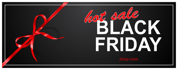 Black Friday sale banner with red bow and ribbons on dark background. Vector illustration for posters, flyers or cards.