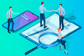 Fototapeta premium Personnel selection.People select employees for businesses.Search for vacancies review of questionnaires and resumes.3D image.Isometric vector illustration.
