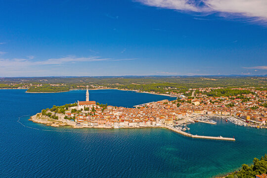 Panoramic aerial drone picture of the historic city Rovinj and harbor in Croatia