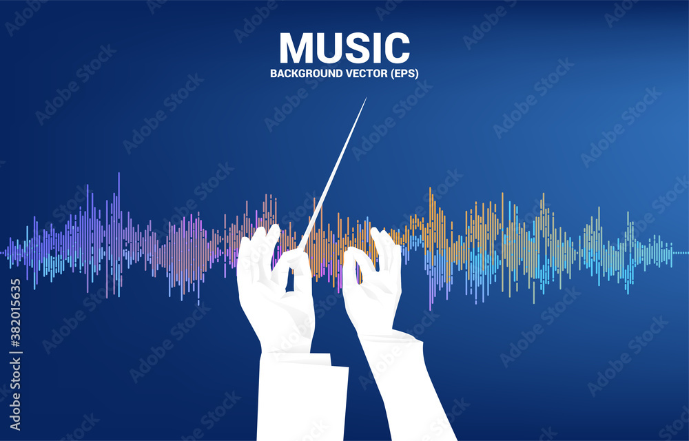 Poster vector silhouette of conductor hand with sound wave music equalizer background. concept background f