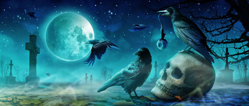 Halloween Motiv mit Kr&auml;hen auf dem Friedhof