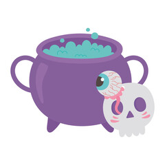 happy halloween cauldron skull and creepy eye cartoon