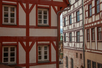 old houses with colourful red wooden beams