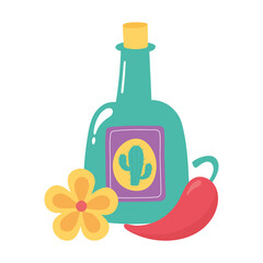 day of the dead, tequila bottle flower and chili pepper mexican celebration