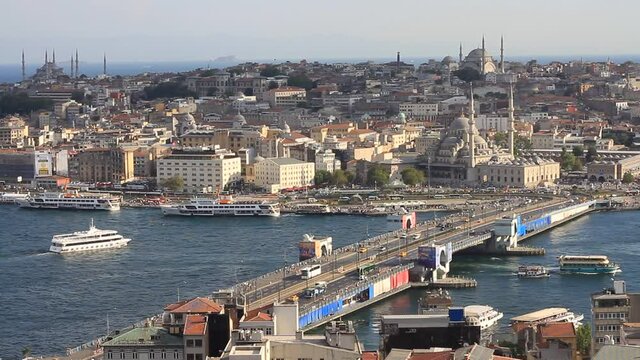High angle view of old city in Istanbul, Turkey. Galata bridge is a bascule bridge which is 490 m long and connects Old City to Galata Coast. View from the balcony of the Galata Tower
