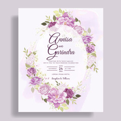  Elegant wedding invitation card template set with beautiful purple floral and leaves template Premium Vector