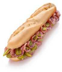 salami and cucumber baguette sandwich, isolated