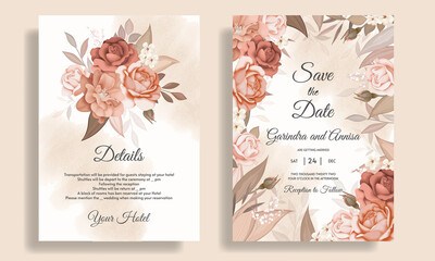  Floral wedding invitation card template set with elegant brown leaves decoration Premium Vector