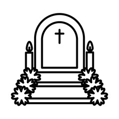 mexican day of dead concept, grave with flower and candles, line style