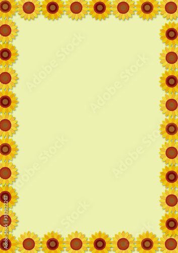 夏のイメージの手描きタッチのヒマワリ向日葵の背景イラスト暑中見舞い フレーム暑中お見舞い Wall Mural Globeds