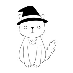 happy halloween, cat with hat costume cartoon character isolated design icon line style