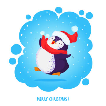 Happy jumping penguin in a santa hat and red scarf. Hand drawn vector illustration with text Merry Christmas.