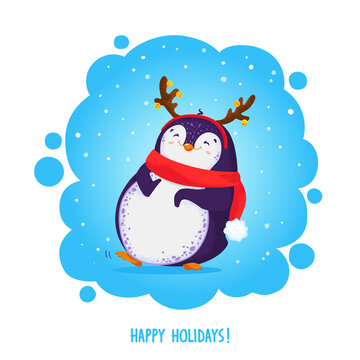 Cute christmas penguin. Vector illustration in cartoon style with text Happy holidays. Merry Christmas greetings.