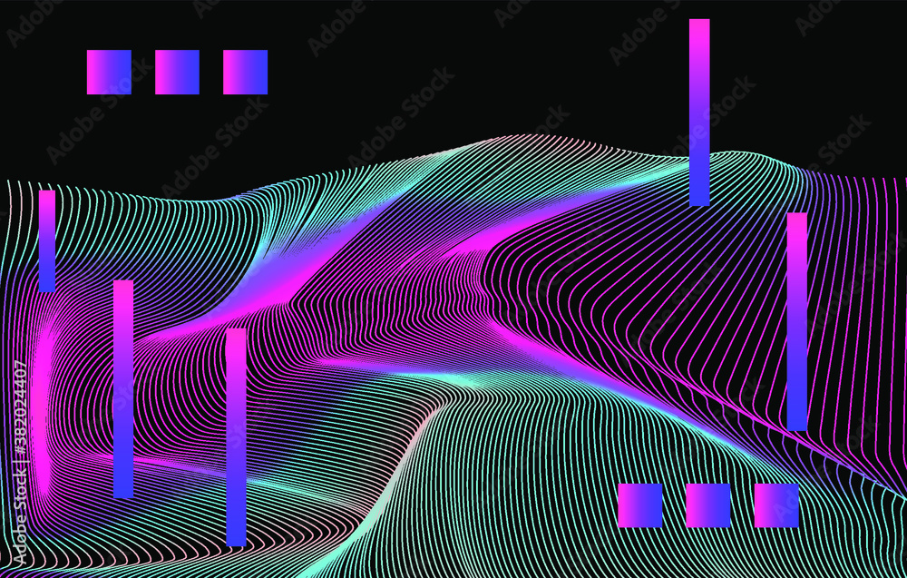 Poster Abstract technology background with warped and distorted laser grid. Vaporwave and synthwave style poster.