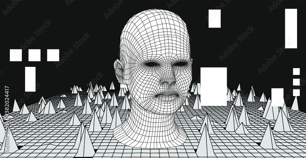 Poster Artificial Intelligence and Neural network concept. 3D human face and infinite perspective grid on the background.