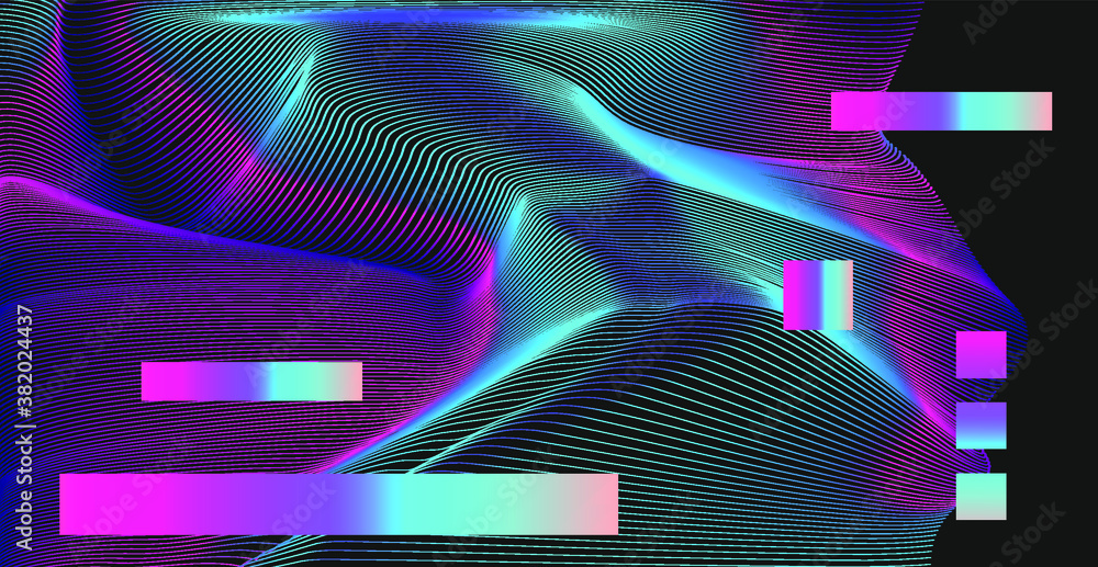 Poster Abstract technology background with warped and distorted laser grid. Vaporwave and synthwave style poster.