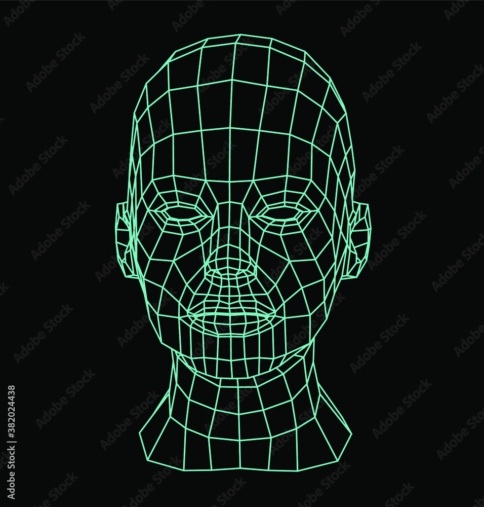 Poster Low poly 3D head, human face structure made of grid. Biometrics, Facial Recognition and Cyber Security concept.
