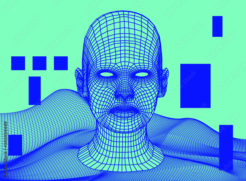Poster Artificial Intelligence and Neural network concept. 3D human face and infinite perspective grid on the background.