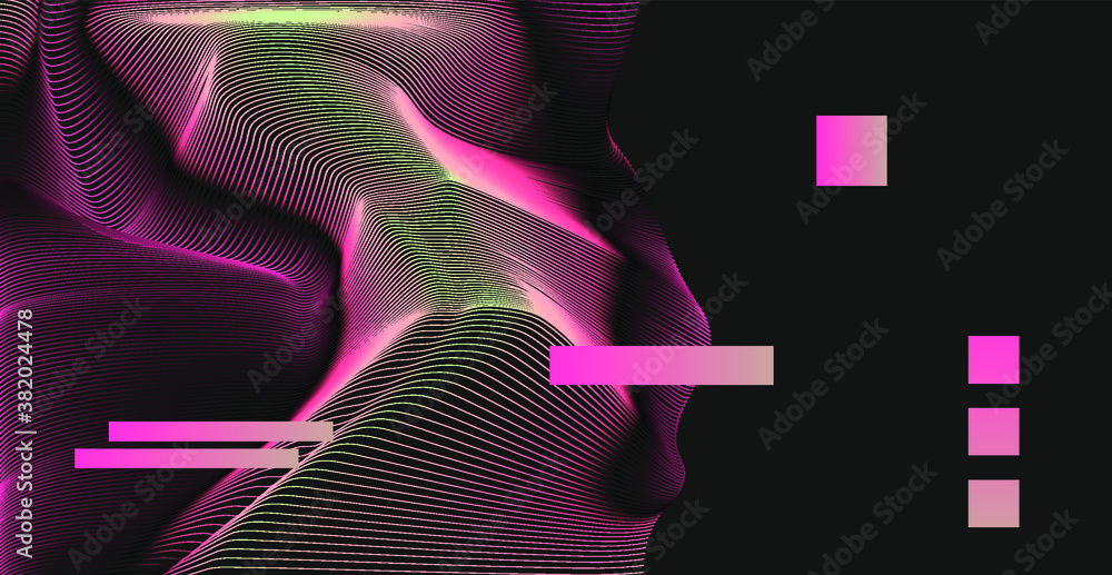 Poster Abstract technology background with warped and distorted laser grid. Vaporwave and synthwave style poster.