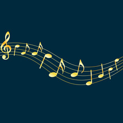 Golden music notes on dark blue background, vector illustration.