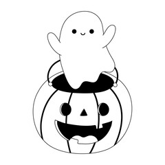 happy halloween pumpkin shaped bucket and cute ghost cartoon line style