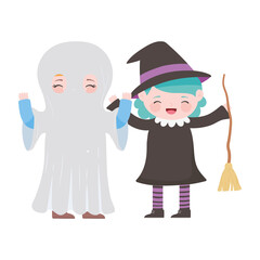 happy halloween, boy ghost and girl witch with broom costumes
